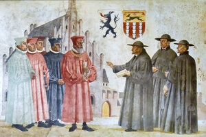Bild vergr&ouml;&szlig;ern: Gem&auml;lde in der Hohen Schule: Berufung der Jesuiten nach Ingolstadt, die Ankunft der ersten Jesuiten. Von Oskar Martin Amorbach, 1936