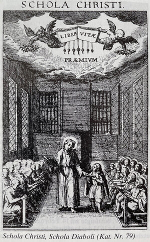 Bild vergr&ouml;&szlig;ern: Lehren als Lebenszweck. Die Schola Christi zeigt den Lohn christlicher Lehre, "praemium", der im Buch des Lebens "liber vitae" eingetragen wird. Stich von Raphael Stadler;
Quelle: Zentrum Stadtgeschichte Ingolstadt, Graphische Sammlung