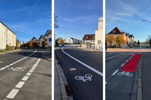 Bild vergr&ouml;&szlig;ern: Auf den Fotos links und in der Mitte sind die Markierungen in der Gutenbergstra&szlig;e zu sehen, das Foto rechts zeigt die Aufstellfl&auml;chen in der Regensburger Stra&szlig;e.