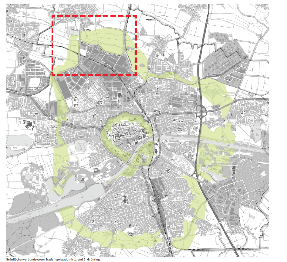 Lage des Max-Emanuel-Parks im 2. Gr&uuml;nring der Stadt Ingolstadt