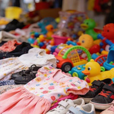 Kinderbekleidung, Schuhe und Spielsachen
