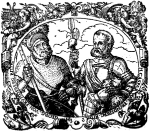 Bild vergr&ouml;&szlig;ern: Georg von Frundsberg (links) und Sohn Caspar - aus ihrer Lebensbeschreibung von 1572.