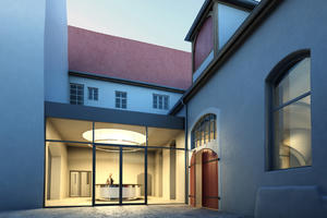 Bild vergrößern: Visualisierung des neuen Foyers am Georgianum. Rechts der Eingang zur Fasshalle