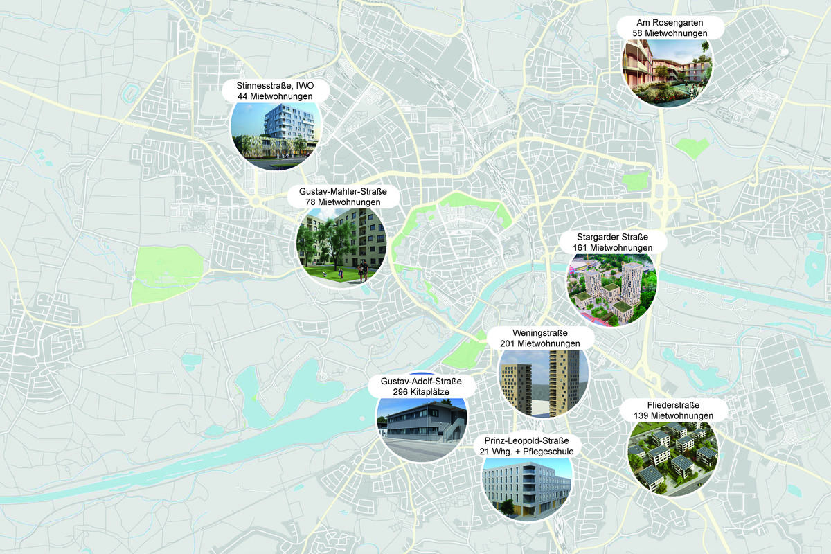 Stadtplan mit Bauprojekten der GWG