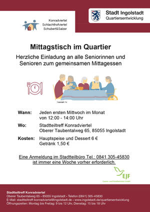 Bild vergrößern: Plakat - Einladung zum Mittagstisch für Seniorinnen und Senioren im Konradviertel
