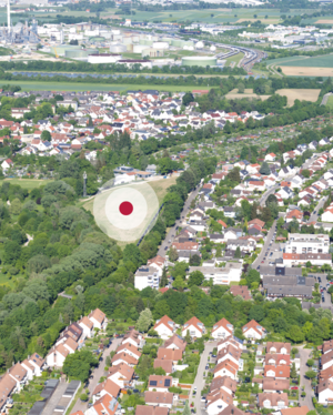 Bild vergrößern: Luftaufnahme mit gekennzeichnetem Standort