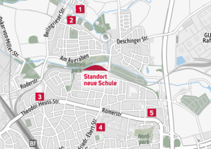 Bild vergrößern: "Schule Augraben" - Karte mit den geprüften alternativen Standorten