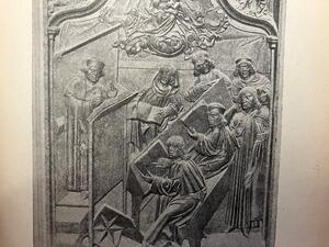 Bild vergr&ouml;&szlig;ern: Vorlesung an der Hohen Schule in Ingolstadt - Ausschnitt aus einer Gedenktafel von 1505