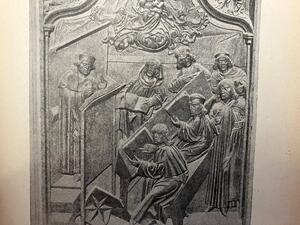 Bild vergrößern: Vorlesung an der Hohen Schule in Ingolstadt - Ausschnitt aus einer Gedenktafel von 1505